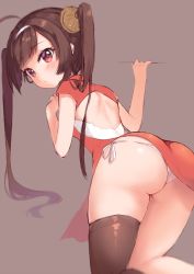 Rule 34 | 1girl, :o, ahoge, ass, azur lane, back, back cutout, bad id, bad pixiv id, black thighhighs, blunt bangs, blurry, blush, braid, brown background, china dress, chinese clothes, clothing cutout, depth of field, dress, from behind, highres, kneeling, leaning forward, looking at viewer, looking back, moorina, panties, pantyshot, parted lips, ping hai (azur lane), red dress, ribbon, short sleeves, side-tie panties, single thighhigh, solo, tareme, thighhighs, thighs, twin braids, underwear, upskirt, white ribbon