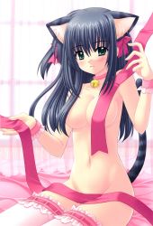 Rule 34 | 00s, 1girl, absurdres, animal ears, bell, neck bell, black hair, blush, breasts, cat ears, censored, cleavage, collar, convenient censoring, hair ribbon, highres, jingle bell, long hair, naked ribbon, navel, nishimata aoi, nude, really? really!, ribbon, shuffle!, shuffle! essence+, sitting, solo, tail, thighhighs, yae sakura