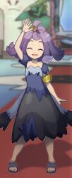 Rule 34 | 1girl, acerola (pokemon), armlet, black dress, blue dress, blurry, blurry background, blush, closed eyes, collarbone, creatures (company), dress, full body, game freak, hair ornament, hairclip, happy, highres, indoors, kohatsuka, long hair, nintendo, open mouth, outline, pokemon, pokemon masters ex, pokemon sm, purple hair, sandals, short sleeves, smile, solo, standing, toes, torn clothes, torn dress, white outline