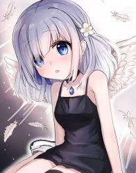 Rule 34 | 1girl, :o, arms at sides, bare arms, black choker, black dress, blue eyes, blue gemstone, blue ribbon, blush, boots, chest jewel, chestnut mouth, choker, diagonal bangs, dot nose, dress, eyes visible through hair, falling feathers, feathered wings, feathers, flower, gem, grey hair, hair flower, hair ornament, hair over one eye, hair ribbon, highres, isuzu ren, looking at viewer, magia record: mahou shoujo madoka magica gaiden, magical girl, mahou shoujo madoka magica, medium hair, nacky0610, ribbon, short dress, single sidelock, sitting, sleeveless, sleeveless dress, solo, spaghetti strap, translucent hair, tress ribbon, upper body, wariza, white feathers, white flower, white footwear, white wings, wings