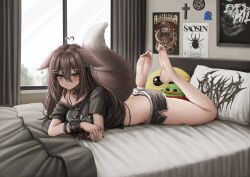 Rule 34 | 1girl, absurdres, ahoge, animal ear fluff, ass, bare legs, barefoot, bed sheet, beetle, black nails, black shirt, black shorts, blanket, blush, bracelet, breasts, brown eyes, brown hair, bug, collar, commission, cross, feet, feet up, fishnets, full body, hair ornament, hairclip, heart, heart ahoge, heart hair ornament, highres, insect, jewelry, legs, lobsteranian, long hair, looking at viewer, lying, medium breasts, multiple rings, nail polish, off shoulder, on bed, on stomach, original, pepe the frog, pillow, poster (object), ring, shirt, short shorts, shorts, single bare shoulder, soles, solo, spiked bracelet, spikes, tail, toenail polish, toenails, toes, x hair ornament