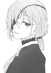 Rule 34 | 1girl, a9 (repainter), absurdres, black eyes, chainsaw man, commentary, eyepatch, from side, greyscale, highres, jacket, long sleeves, looking at viewer, low ponytail, monochrome, parted lips, portrait, quanxi (chainsaw man), shirt, simple background, solo, white background