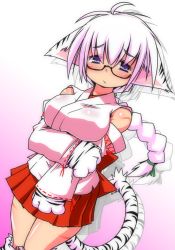 Rule 34 | animal ears, animal hands, bare shoulders, cat ears, cat paw, cat tail, glasses, original, solo, tail, tiger stripes, to-gnaniwa, white hair