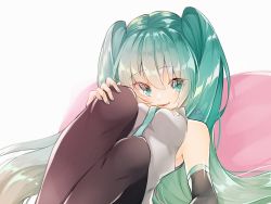 Rule 34 | 1girl, aqua eyes, aqua hair, aqua nails, aqua necktie, bad id, bad pixiv id, bare shoulders, black sleeves, black thighhighs, breasts, commentary, detached sleeves, diamond (shape), grey shirt, hand on own knee, hatsune miku, heart, heart-shaped pillow, highres, knees up, leaning back, long hair, looking at viewer, lying, nail polish, necktie, nuko 0108, on back, parted lips, pillow, shirt, signature, sleeveless, sleeveless shirt, small breasts, smile, solo, symbol-shaped pupils, thighhighs, twintails, underboob, very long hair, vocaloid