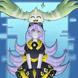 Rule 34 | absurdres, digimon, digimon (creature), digimon story: cyber sleuth, fluffy, happy, highres, long hair, original, purple hair, red eyes, smile, terriermon