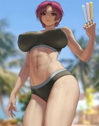 Rule 34 | 1girl, abs, alternate costume, bazett fraga mcremitz, blue sky, breasts, covered erect nipples, fate/hollow ataraxia, fate (series), food, infi, large breasts, lipstick, looking at viewer, looking down, makeup, mole, mole under eye, outdoors, palm tree, popsicle, purple eyes, purple hair, short hair, sky, solo, swimsuit, tree