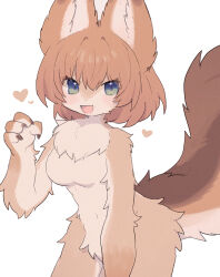 Rule 34 | 1girl, :d, animal ears, blue eyes, body fur, breasts, brown hair, furry, furry female, green eyes, heart, large breasts, nude, open mouth, original, pemi (spommmm), smile, solo, tail, white background