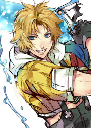 Rule 34 | 1boy, black gloves, blonde hair, blue eyes, cropped jacket, fighting stance, final fantasy, final fantasy x, gloves, grin, holding, holding sword, holding weapon, hood, hood down, hooded jacket, jacket, looking at viewer, male focus, overalls, parted bangs, short hair, short sleeves, smile, solo, sword, tama (tmfy5), teeth, tidus, water, water drop, weapon, white background