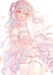 Rule 34 | 1girl, absurdres, blush, breasts, bridal gauntlets, cleavage, earrings, flower, gloves, hair between eyes, hair flower, hair ornament, highres, huge filesize, idolmaster, idolmaster cinderella girls, idolmaster cinderella girls starlight stage, jewelry, kanzaki ranko, lace, lace-trimmed legwear, lace trim, large breasts, long hair, looking at viewer, petals, skindentation, smile, solo, thighhighs, thighs, torano, twintails, white background, white hair, white thighhighs