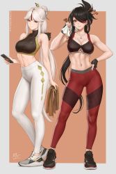 Rule 34 | 2girls, airpods, anchor necklace, artist name, beidou (genshin impact), black gloves, black hair, border, breasts, cellphone, closed mouth, clothing cutout, earrings, eyepatch, fingerless gloves, full body, genshin impact, gloves, hair ornament, hair stick, half updo, hand on own hip, high-waist pants, highres, holding, holding phone, holding towel, jewelry, large breasts, long hair, looking at viewer, medium breasts, midriff, multiple girls, navel, necklace, ningguang (genshin impact), pants, parted lips, phone, red eyes, sciamano240, shoes, single earring, smartphone, sneakers, sports bra, stomach, tassel, tassel hair ornament, towel, underboob, underboob cutout, very long hair, white border, white hair, wireless earphones, yoga pants