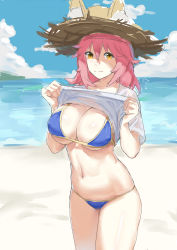 Rule 34 | 1girl, absurdres, animal ears, bad id, bad pixiv id, beach, bikini, blue bikini, blush, breasts, chaoxi, cleavage, closed mouth, clothes lift, day, ears through headwear, fate/grand order, fate (series), fox ears, highres, large breasts, looking at viewer, navel, pink hair, shirt lift, sketch, smile, solo, swimsuit, tamamo (fate), tamamo no mae (fate/extra), tamamo no mae (swimsuit lancer) (fate), tamamo no mae (swimsuit lancer) (first ascension) (fate), yellow eyes