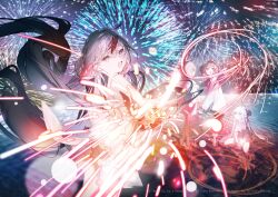 Rule 34 | 4girls, absurdres, aerial fireworks, azur lane, bare shoulders, barefoot, bob cut, double bun, fireworks, floating hair, hair bun, highres, holding fireworks, l&#039;indomptable (azur lane), le malin (azur lane), le terrible (azur lane), le triomphant (azur lane), long hair, looking at another, looking at viewer, multicolored hair, multiple girls, nishikikope, official art, open mouth, red hair, reflection, short hair, sitting, smile, standing, streaked hair, very long hair, water, white hair