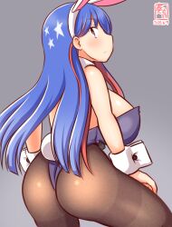 Rule 34 | 1girl, animal ears, artist logo, ass, back, bare shoulders, blue hair, blue leotard, blush, bow, bowtie, breasts, brown pantyhose, covered navel, detached collar, fake animal ears, gradient background, grey background, grey eyes, kanon (kurogane knights), kantai collection, large breasts, leotard, long hair, looking at viewer, looking back, multicolored hair, one-hour drawing challenge, pantyhose, playboy bunny, rabbit ears, rabbit tail, red hair, solo, south dakota (kancolle), strapless, strapless leotard, tail, traditional bowtie, white hair, wrist cuffs