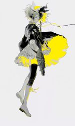 Rule 34 | 1girl, absurdres, black hair, black thighhighs, boots, detached sleeves, frilled sleeves, frills, full body, grey footwear, grey hair, highres, kagamine rin, long sleeves, looking at viewer, multicolored hair, ntaluuu, original, short hair, simple background, solo, standing, thighhighs, two-tone hair, white background