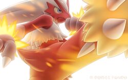 Rule 34 | blaziken, blue eyes, claws, clenched hand, close-up, closed mouth, colored sclera, commentary, creatures (company), fire, game freak, gen 3 pokemon, kicking, komepan, nintendo, pokemon, pokemon (creature), solo, white background, yellow sclera