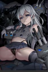 Rule 34 | 1girl, alternate color, arm support, black panties, black thighhighs, blue eyes, cameltoe, cowboy shot, cropped vest, dikko, elbow gloves, gloves, hairband, has bad revision, has downscaled revision, highleg, highres, kantai collection, long hair, looking at viewer, machinery, md5 mismatch, microskirt, midriff, navel, panties, player 2, pleated skirt, rensouhou-chan, resolution mismatch, sailor collar, school uniform, serafuku, shimakaze (kancolle), sitting, skirt, solo, source smaller, spread legs, striped clothes, striped thighhighs, thighhighs, underwear, vest, white gloves, white hair, zettai ryouiki