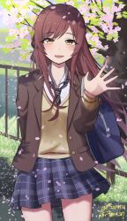Rule 34 | 1girl, bag, blazer, blue skirt, blush, braid, branch, brown cardigan, cardigan, cherry blossoms, collared shirt, commission, diagonal-striped clothes, diagonal-striped necktie, falling petals, flower, french braid, half-closed eyes, hampem7, hand up, highres, idolmaster, idolmaster shiny colors, jacket, long hair, long sleeves, looking at viewer, necktie, official alternate costume, official alternate hairstyle, open mouth, osaki amana, outdoors, petals, pink flower, plaid, plaid skirt, pleated skirt, red hair, school bag, school uniform, shirt, skeb commission, skirt, smile, solo, spring (season), standing, striped clothes, striped necktie, swept bangs, tree, waving, white shirt, yellow eyes
