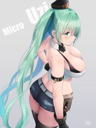 Rule 34 | 1girl, ass, bare shoulders, blush, bra, breasts, character name, cleavage, from above, from behind, girls&#039; frontline, gloves, green eyes, green hair, grin, hat, highres, large breasts, long hair, looking at viewer, looking back, micro uzi (girls&#039; frontline), oekakizuki, shiny skin, short shorts, shorts, sideboob, smile, solo, thighhighs, twintails, underwear, very long hair