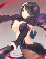 Rule 34 | 10s, 1girl, ass, bad id, bad pixiv id, black dress, black hair, bouncing breasts, braid, breasts, capelet, cleavage, commentary request, cowboy shot, dress, elbow gloves, elsa granhilte, artistic error, fingerless gloves, floating hair, flower, gloves, hair flower, hair ornament, highres, holding, holding weapon, large breasts, long hair, looking at viewer, mole, mole under eye, motion blur, navy (navy.blue), pantyhose, parted lips, pelvic curtain, purple eyes, purple flower, re:zero kara hajimeru isekai seikatsu, revealing clothes, smile, solo, swept bangs, twisted torso, weapon