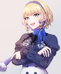 Rule 34 | 1girl, akama (mk0cn), blonde hair, blue eyes, constance von nuvelle, crossed arms, earrings, fire emblem, fire emblem: three houses, garreg mach monastery uniform, grey background, hairband, hand fan, highres, holding, jewelry, long sleeves, multicolored hair, nintendo, open mouth, purple hair, short hair, simple background, solo, uniform, upper body