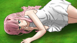 Rule 34 | 1girl, absurdres, blush, closed mouth, commentary, darling in the franxx, dress, english commentary, grass, green eyes, hand on own cheek, hand on own face, highres, horns, long hair, looking at viewer, lying, on side, oni horns, pink hair, red horns, shippaidayo, smile, solo, straight hair, sundress, zero two (darling in the franxx)