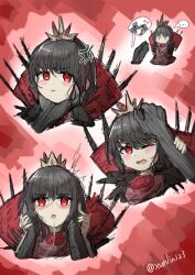 Rule 34 | ..., 1girl, absurdres, after kiss, black hair, black souls, blush, crown, hand on another&#039;s head, headpat, heart, highres, looking at viewer, lorina (black souls), mini crown, open mouth, out of frame, petting, red eyes, saliva, saliva trail, short hair, xunlin123