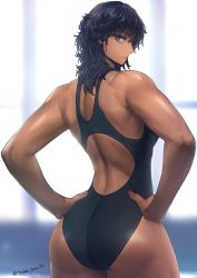 Rule 34 | 1girl, ass, back, back cutout, black one-piece swimsuit, clothing cutout, competition swimsuit, dark-skinned female, dark skin, from behind, hands on own hips, looking at viewer, looking back, medium hair, one-piece swimsuit, original, purple eyes, purple hair, solo, swimsuit, takebouzu, toned, wet