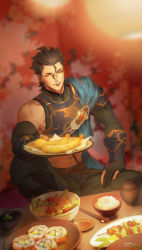 Rule 34 | 1boy, absurdres, ahoge, black hair, bowl, chopsticks, diarmuid ua duibhne (lancer) (fate), diarmuid ua duibhne (saber) (fate), plate, elbow gloves, fate/grand order, fate/zero, fate (series), food, gloves, highres, holding, holding plate, incoming food, looking at viewer, lost elle, making-of available, male focus, midriff, mole, mole under eye, one eye closed, plate, religious offering, rice bowl, salad, shrimp, shrimp tempura, sitting, solo, sushi, table, tempura