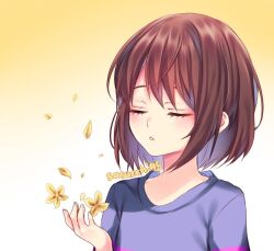 Rule 34 | 1other, artist name, blue hair, blue shirt, blush, brown hair, closed eyes, colored inner hair, fingernails, flower, frisk (undertale), gradient background, multicolored hair, parted lips, petals, pink shirt, sasucchi95, shirt, short hair, solo, striped clothes, striped shirt, teeth, undertale, upper body, white background, yellow background, yellow flower