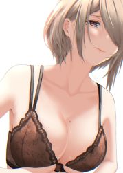 Rule 34 | 1girl, adjusting bra, adjusting clothes, bad id, bad pixiv id, black bra, blurry, blush, bra, breasts, brown hair, cleavage, closed mouth, collarbone, dressing, eleaaa, eyelashes, from below, hair behind ear, hair over one eye, half-closed eyes, highres, honkai (series), honkai impact 3rd, large breasts, light smile, lipstick, looking at viewer, looking down, makeup, mole, mole on breast, mole under eye, one eye covered, red eyes, rita rossweisse, short hair, simple background, smile, solo, underwear, underwear only, white background