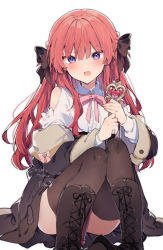 Rule 34 | 1girl, anna (ikeuchi tanuma), black bow, black coat, blush, boots, bow, brown thighhighs, clothing cutout, coat, cross-laced footwear, feet out of frame, hair bow, heart wand, highres, holding, holding wand, ikeuchi tanuma, long hair, looking at viewer, neck ribbon, off shoulder, open clothes, open coat, open mouth, original, pigeon-toed, pink ribbon, purple eyes, red hair, ribbon, shirt, shoulder cutout, simple background, sitting, solo, thighhighs, wand, white background, white shirt