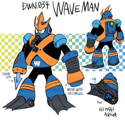 Rule 34 | 1boy, android, ariga hitoshi, arm cannon, armor, artist name, black bodysuit, black eyes, blue armor, blue background, blue footwear, bodysuit, boots, character name, character sheet, checkered background, commentary request, concept art, dual arm cannons, english text, from behind, full body, gem, gradient background, green gemstone, helmet, highres, industrial pipe, joints, knee boots, light green background, looking ahead, male focus, mega man (classic), mega man (series), mega man 5, mega man megamix, multiple views, no humans, no mouth, polearm, propeller, robot, robot ears, robot joints, scanlines, shoe soles, simple background, spear, standing, three quarter view, turnaround, wave man, weapon, white background