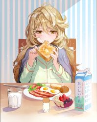 Rule 34 | 1girl, bacon, bandage on face, bandages, blanket, blueberry, blush, bread slice, breakfast, brown eyes, brown hair, butter, chair, eating, egg, food, fork, fruit, glass, highres, holding, holding food, lettuce, long hair, long sleeves, looking at viewer, milk, milk carton, original, pajamas, plate, product placement, salt shaker, sitting, solo, strawberry, striped, striped background, table, teffish, third-party source, toast, tomato, upper body, vertical stripes