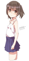 Rule 34 | 1girl, bare arms, bare shoulders, blue skirt, blush, breasts, brown eyes, brown hair, camisole, closed mouth, collarbone, cropped legs, dated, hair between eyes, head tilt, looking at viewer, looking to the side, maze (gochama ze gohan), original, pleated skirt, signature, simple background, sketch, skirt, small breasts, solo, twintails, white background, white camisole