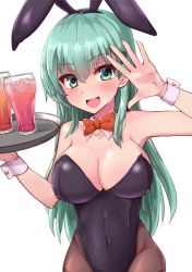 Rule 34 | 1girl, animal ears, aqua eyes, aqua hair, black leotard, black pantyhose, bow, bowtie, breasts, cleavage, covered navel, detached collar, fake animal ears, glass, hair ornament, hairclip, highres, kantai collection, kihou no gotoku dmc, large breasts, leotard, long hair, looking at viewer, open mouth, pantyhose, playboy bunny, rabbit ears, rabbit tail, red bow, red bowtie, round teeth, simple background, smile, solo, strapless, strapless leotard, suzuya (kancolle), tail, teeth, tray, upper teeth only, white background, wrist cuffs
