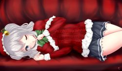 Rule 34 | 10s, 1girl, aran sweater, bad id, bad pixiv id, bell, blue eyes, cable knit, capelet, christmas, couch, finger to mouth, fur trim, hair bell, hair ornament, hat, kantai collection, kashima (kancolle), looking at viewer, lying, miniskirt, myuu (arisumeria), on side, one eye closed, santa hat, short hair, short twintails, silver hair, skirt, solo, sweater, twintails