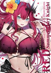 Rule 34 | 1girl, baobhan sith (fate), bare shoulders, bikini, blush, breasts, fate/grand order, fate (series), flower, frilled bikini, frills, grey eyes, hair flower, hair ornament, large breasts, long hair, looking at viewer, open mouth, petals, pink hair, pointy ears, red bikini, rose petals, san (harutuki 3), sidelocks, smile, solo, swimsuit