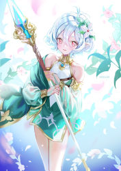 Rule 34 | 1girl, antenna hair, artist name, bare shoulders, blush, bridal gauntlets, commentary request, detached sleeves, dress, flower, green sleeves, hair between eyes, hair flower, hair ornament, haruri, highres, holding, holding polearm, holding spear, holding weapon, kokkoro (princess connect!), long sleeves, petals, pink flower, pointy ears, polearm, princess connect!, puffy long sleeves, puffy sleeves, red eyes, see-through, see-through sleeves, signature, silver hair, sleeveless, sleeveless dress, solo, spear, weapon, white dress, white flower