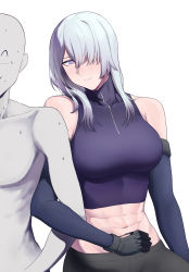 Rule 34 | 1boy, 1girl, ^ ^, abs, absurdres, ak-15 (girls&#039; frontline), bare shoulders, breasts, closed eyes, closed mouth, girls&#039; frontline, gloves, grey hair, hair over one eye, head tilt, hetero, highres, large breasts, locked arms, long hair, looking at viewer, midriff, muscular, muscular female, navel, one eye covered, purple eyes, saiun sigma, simple background, sweat, nervous sweating, white background
