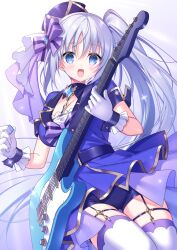Rule 34 | 1girl, :d, belt, blue background, blue belt, blue eyes, blue jacket, blue shorts, breasts, cleavage, cleavage cutout, clothing cutout, commission, electric guitar, gloves, gradient background, grey hair, guitar, hair between eyes, hat, highres, holding, holding instrument, instrument, jacket, long hair, medium breasts, mini hat, open mouth, original, pixiv commission, plectrum, purple hat, sacraneco, short shorts, short sleeves, shorts, side ponytail, skindentation, smile, solo, thighhighs, tilted headwear, very long hair, white background, white gloves, white thighhighs