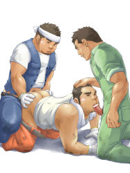 Rule 34 | 3boys, all fours, anal, arm support, ass, bar censor, bara, beard, blush, brown hair, censored, closed eyes, dirty, doggystyle, facial hair, fellatio, gloves, grin, hand on another&#039;s head, headband, jumpsuit, kneeling, leg hair, male focus, male penetrated, male spitroast, multiple boys, muscular, open clothes, open mouth, open vest, oral, original, penis, precum, pubic hair, sex, sex from behind, shirt, short hair, simple background, smile, spitroast, stubble, suv (suv032), sweat, veins, veiny penis, very short hair, vest, white background, yaoi