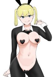 Rule 34 | 1girl, :q, absurdres, animal ears, blonde hair, blue eyes, blush, bow, bowtie, breasts, cleavage, fake animal ears, heart pasties, highres, maebari, meme attire, navel, original, pasties, rabbit ears, reverse bunnysuit, reverse outfit, shrug (clothing), simple background, smile, solo, tantanmen72, tongue, tongue out, twintails, white background