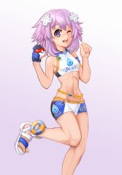 Rule 34 | 1girl, armlet, belly chain, bikini, castyx, choujigen game neptune, commentary, cosplay, creatures (company), d-pad, d-pad hair ornament, english commentary, feet out of frame, game freak, gloves, gradient background, hair ornament, highres, jewelry, midriff, necklace, neptune (neptunia), neptune (series), nessa (pokemon), nessa (pokemon) (cosplay), nintendo, one eye closed, open mouth, poke ball, poke ball (basic), pokemon, pokemon swsh, purple eyes, purple hair, sandals, short hair, short shorts, shorts, single glove, smile, solo, sports bra, sportswear, standing, standing on one leg, swimsuit, tankini, teeth, upper teeth only, white background