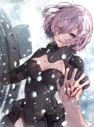 Rule 34 | 1girl, armored leotard, black gloves, black leotard, blood, breasts, cleavage, command spell, commentary request, cuts, elbow gloves, fate/grand order, fate (series), fujimaru ritsuka (male), gloves, grey sky, hair over one eye, hanagata, hand tattoo, holding, holding shield, injury, large breasts, leotard, light purple hair, long sleeves, looking at viewer, mash kyrielight, mash kyrielight (ortenaus), outdoors, purple eyes, shield, short hair, sky, smile, snowing, tattoo, tears, wind, winter