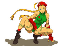 Rule 34 | 1girl, antenna hair, beret, blonde hair, blue eyes, bodypaint, boots, bosnoheya, braid, breasts, cammy white, camouflage, capcom, fingerless gloves, gloves, hat, leotard, long hair, military, muscular, simple background, solo, squatting, street fighter, twin braids, yamamiya hiroshi