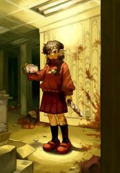 Rule 34 | 1girl, 1other, 9twoeight, :o, absurdres, backrooms (creepypasta), black socks, blood, blood on clothes, blood on face, blood on wall, blood splatter, blood stain, bloody knife, box, braid, brown eyes, brown hair, camcorder, camera, cardboard box, ceiling light, coin, commentary, corpse, death, eyebrows hidden by hair, fluorescent lamp, full body, highres, holding, holding camera, holding knife, horror (theme), implied murder, indoors, knife, long hair, madotsuki, murder, open mouth, pink footwear, pink sweater, pleated skirt, purple skirt, skirt, socks, solo focus, sweater, twin braids, video camera, wallpaper (object), yellow theme, yume nikki