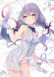 Rule 34 | 1girl, arched back, babydoll, bat hair ornament, blurry, blush, bottomless, breasts, cowboy shot, cuffs, depth of field, gloves, grey eyes, hair ornament, hair ribbon, hand up, handcuffs, highres, legs together, long hair, looking at viewer, low twintails, no panties, original, parted lips, purple eyes, purple ribbon, ribbon, rurudo, see-through, silver hair, small breasts, solo, thighs, tsurime, twintails, very long hair, water drop, white gloves