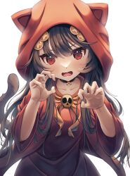 Rule 34 | 1girl, animal hood, ashley (warioware), black hair, blush, cat hood, cat tail, choker, claw pose, collarbone, dress, fang, female focus, fingernails, hair between eyes, highres, hood, hood up, long hair, long sleeves, looking at viewer, matchamassa, neckerchief, nintendo, open mouth, orange neckerchief, red dress, red eyes, simple background, skin fang, solo, standing, sweatdrop, tail, twintails, warioware, white background, wide sleeves