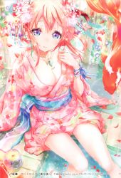 Rule 34 | 1girl, absurdres, ark knights zero, blue eyes, breasts, candle, cleavage, collarbone, company name, copyright name, fish, hair ornament, highres, japanese clothes, jewelry, keepout, kimono, large breasts, looking at viewer, necklace, orange hair, original, ribbon, short hair, solo, soramu, water