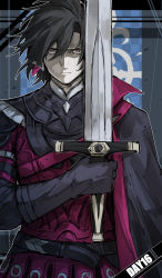 Rule 34 | 1boy, angry, armor, black armor, black cape, black gloves, black hair, blue background, cape, commentary, constantine xi (fate), dated commentary, english text, fate/grand order, fate (series), flag, frown, gloves, grey background, grey eyes, highres, holding, holding sword, holding weapon, kankan33333, looking at viewer, male focus, red cape, serious, shaded face, short hair, solo, sword, two-sided cape, two-sided fabric, upper body, weapon
